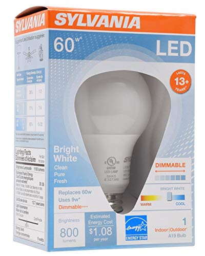 SYLVANIA A19 LED Light Bulb, 9W, 60W Equivalent, 13 Year, Dimmable, 800 Lumens, 3500K, Bright White - 1 Pack (71185)