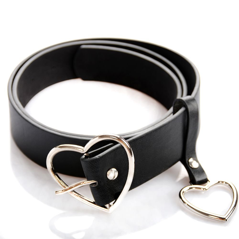 UTENEW Heart Shape Belts Wide Black Leather Waist Belt Women Jeans Pants Dresses with Alloy Buckle, Silver