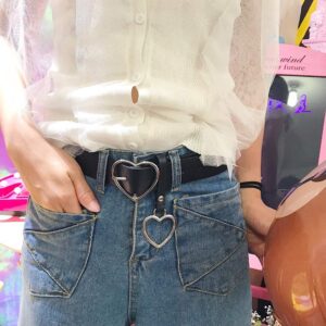 UTENEW Heart Shape Belts Wide Black Leather Waist Belt Women Jeans Pants Dresses with Alloy Buckle, Silver