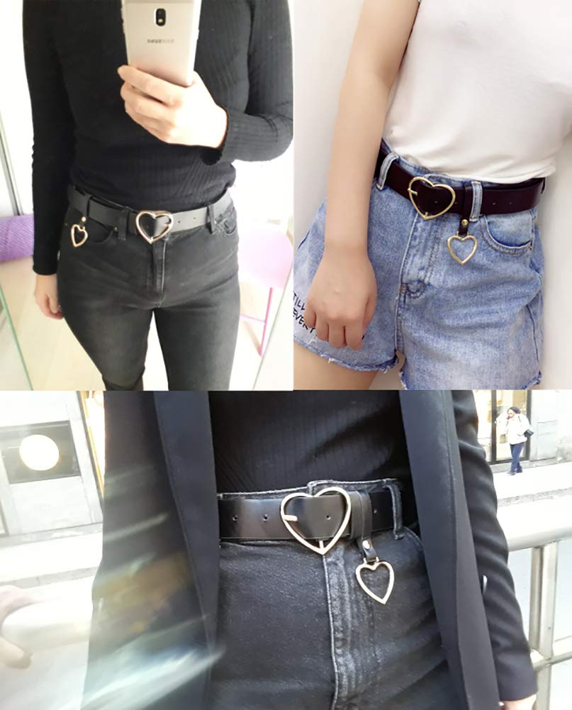 UTENEW Heart Shape Belts Wide Black Leather Waist Belt Women Jeans Pants Dresses with Alloy Buckle, Gold