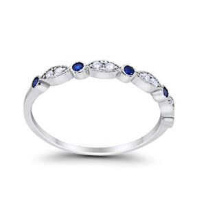 2mm Half Eternity Wedding Band Art Deco Design Round Simulated Blue Sapphire CZ 925 Sterling Silver, Size-6