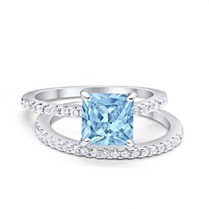 Blue Apple Co. Two Piece Wedding Engagement Ring Band Asscher Cut Simulated Aquamarine 925 Sterling Silver, Size-8