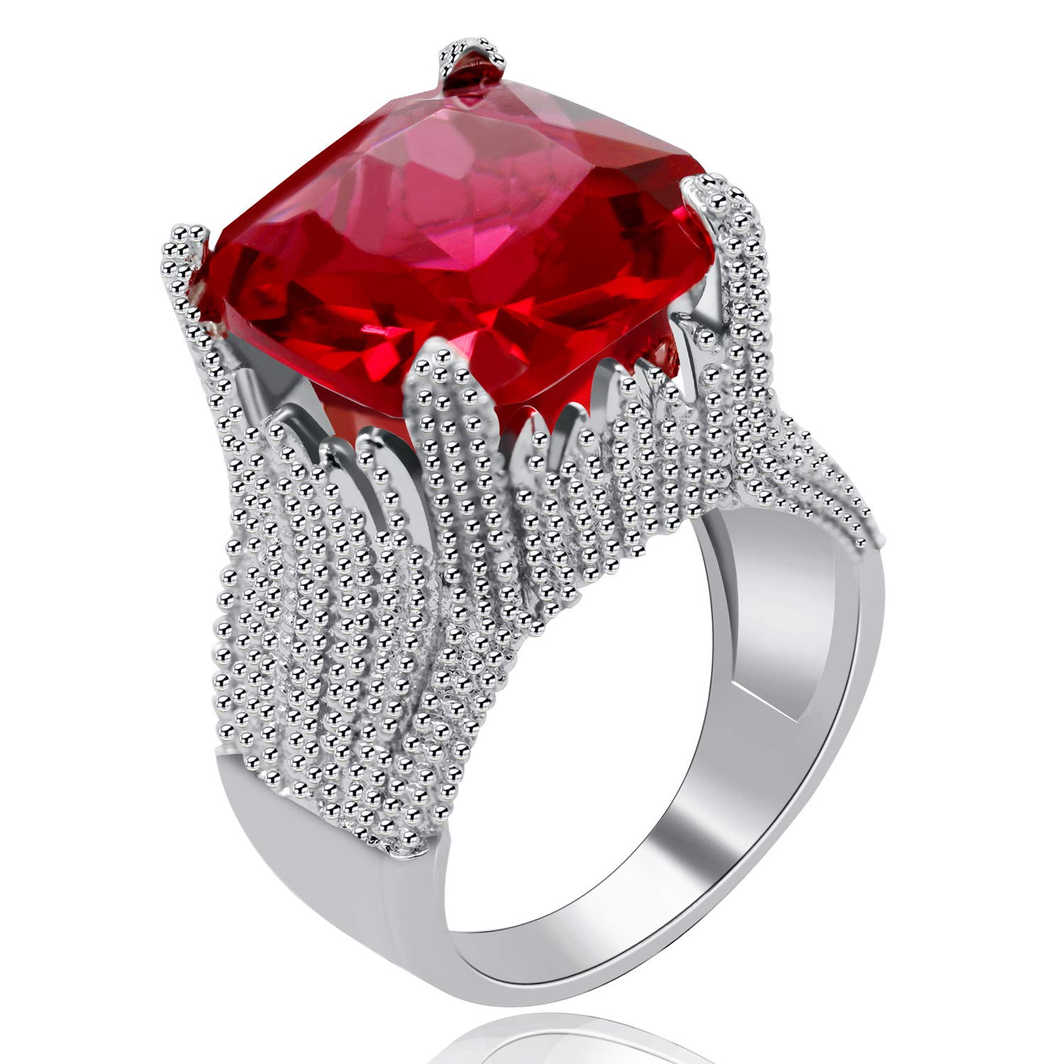 Uloveido Women's Rhodium Plated Volcanic Flame Design Big Red Statement Ring Cushion Cut Cubic Zirconia CZ Solitaire Rings Wedding Engagement for Women (Size 7) RA0414