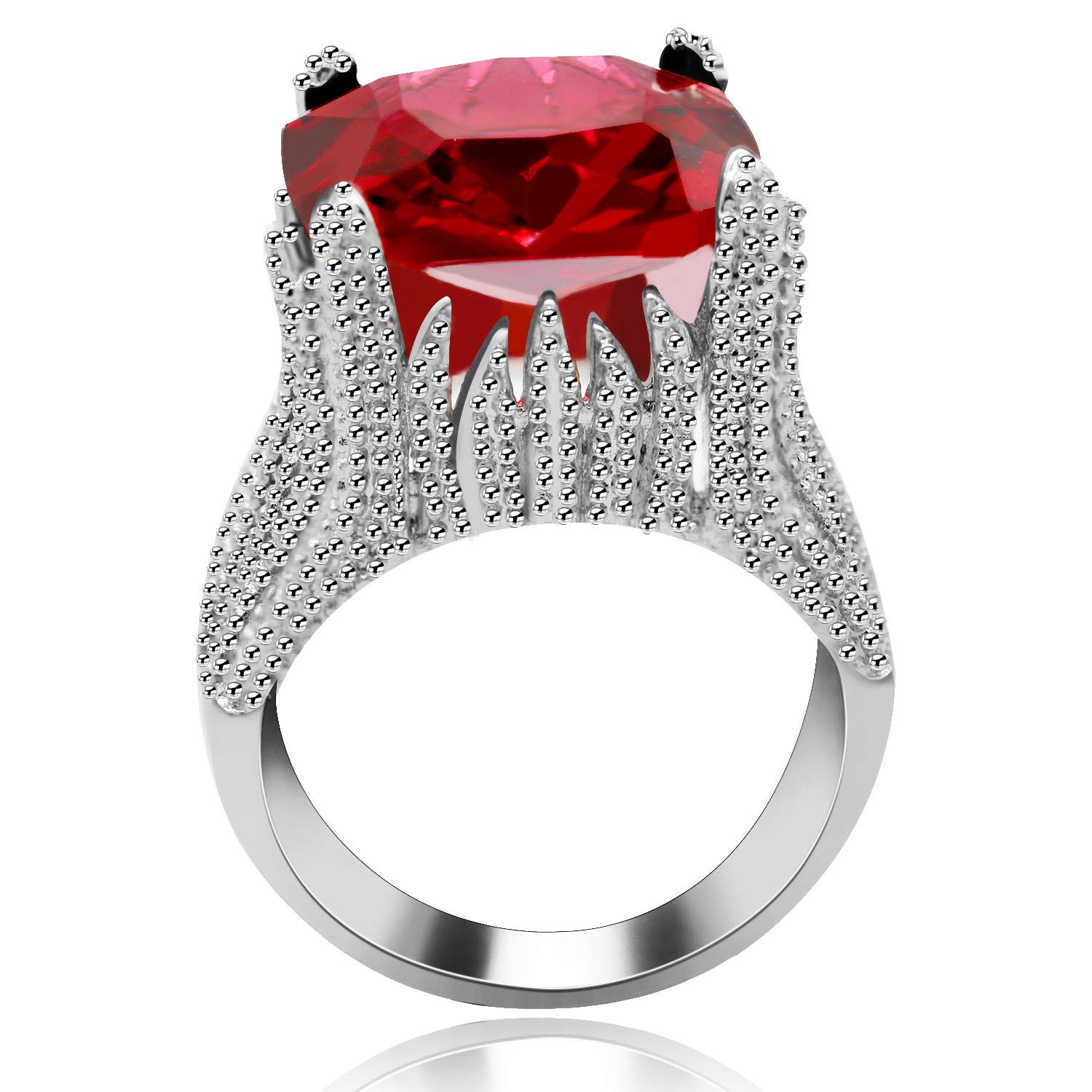 Uloveido Women's Rhodium Plated Volcanic Flame Design Big Red Statement Ring Cushion Cut Cubic Zirconia CZ Solitaire Rings Wedding Engagement for Women (Size 7) RA0414