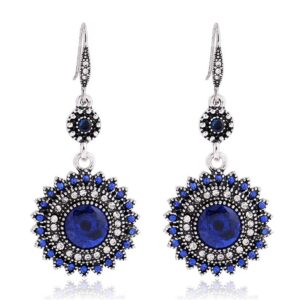 ailuor vintage round blue sapphire sunflowers dangle earrings, women's unique retro colorful ethnic bohemian earrings jewelry for women (blue)