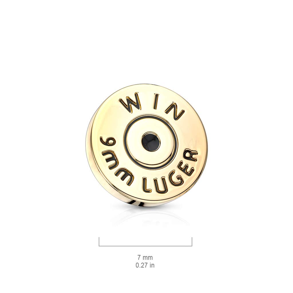 Pierced Owl 316L Surgical Steel Winchester 9mm Luger Bullet Back Casing Internally Threaded Dermal Anchor Top