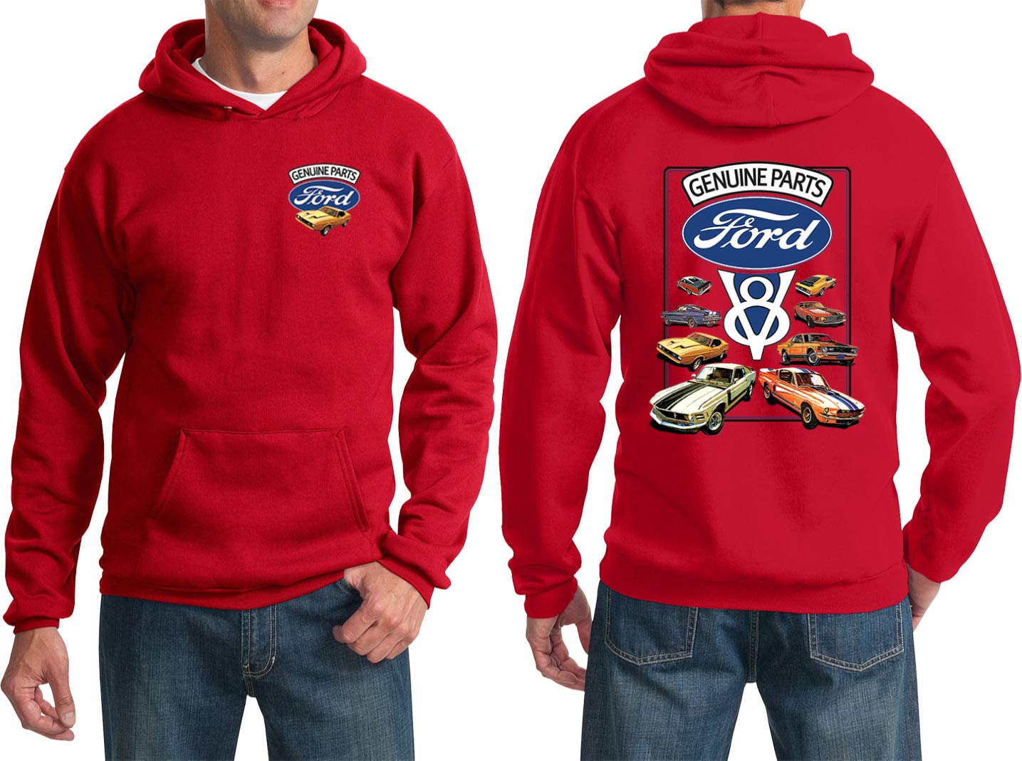 Ford Mustang V8 Collection Front and Back Hoodie, Red Large