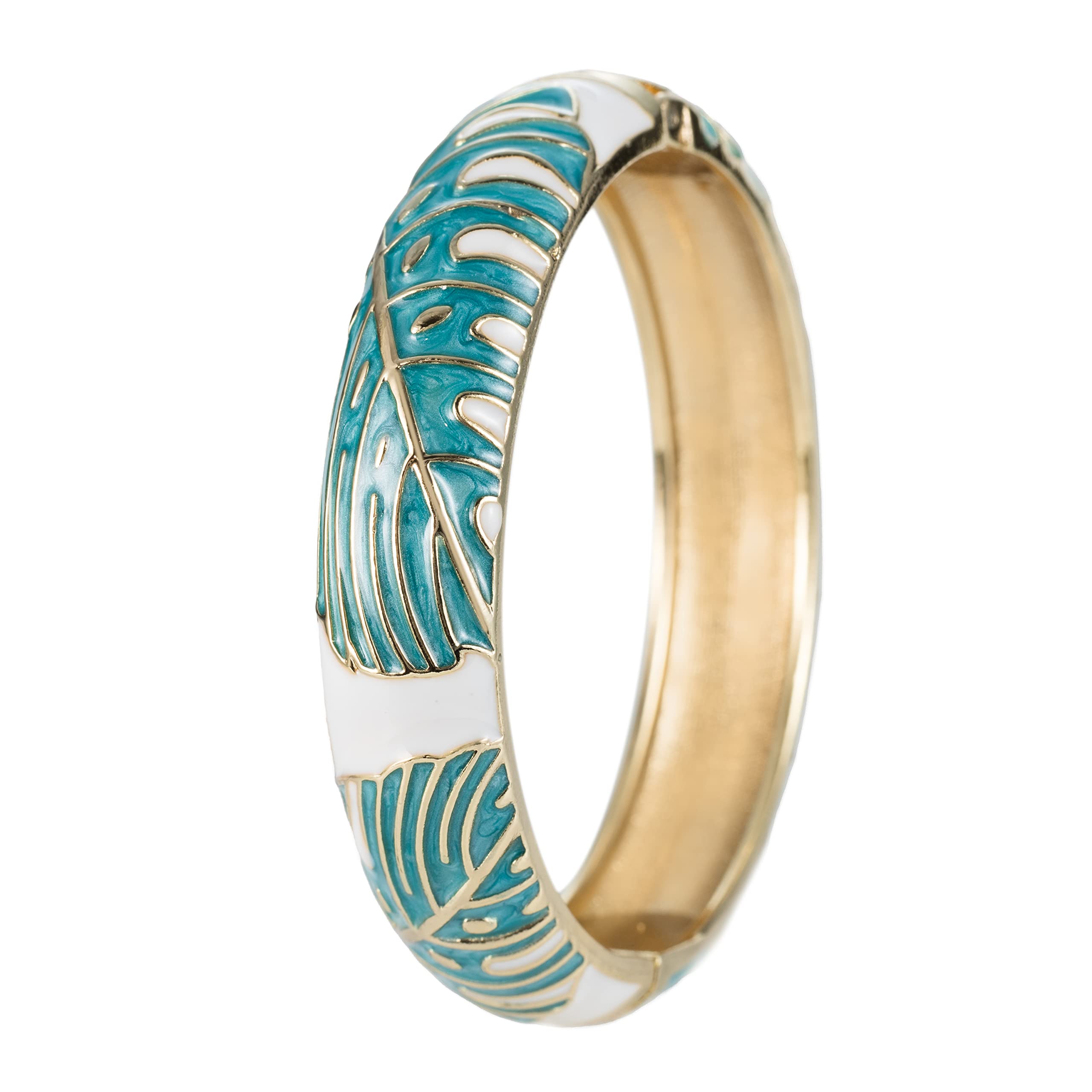 Aloha Jewelry Company Hawaiian Monstera Luau Leaves Hinged Clasp Fashion Enamel Bangle Bracelet (Teal)