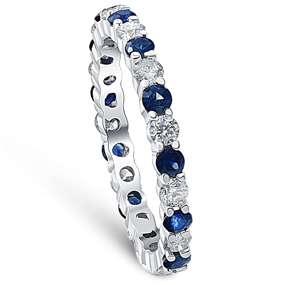 1 cttw Blue Sapphire Diamond Wedding Eternity Ring 14k White Gold - Size 6