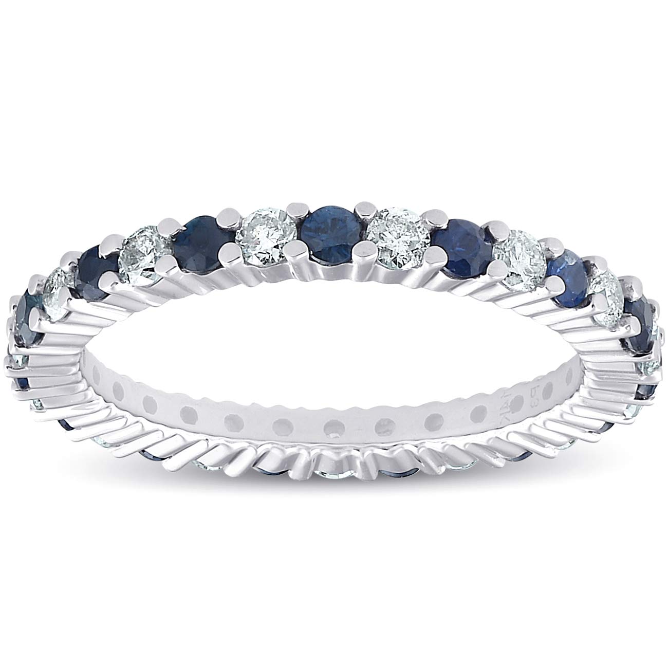 1 cttw Blue Sapphire Diamond Wedding Eternity Ring 14k White Gold - Size 6