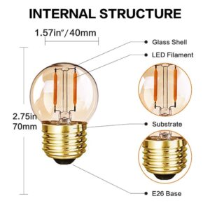 G40 Edison LED Filament Mini Globe Light Bulbs 1W Equivalent to 10Watt Incandescent - E26 Screw Base Led Bulbs Ultra Warm White 2200K Decorative Lighting Non Dimmable Amber Glass