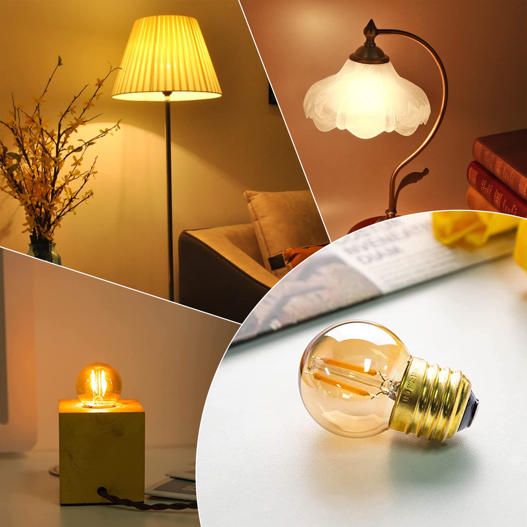 G40 Edison LED Filament Mini Globe Light Bulbs 1W Equivalent to 10Watt Incandescent - E26 Screw Base Led Bulbs Ultra Warm White 2200K Decorative Lighting Non Dimmable Amber Glass