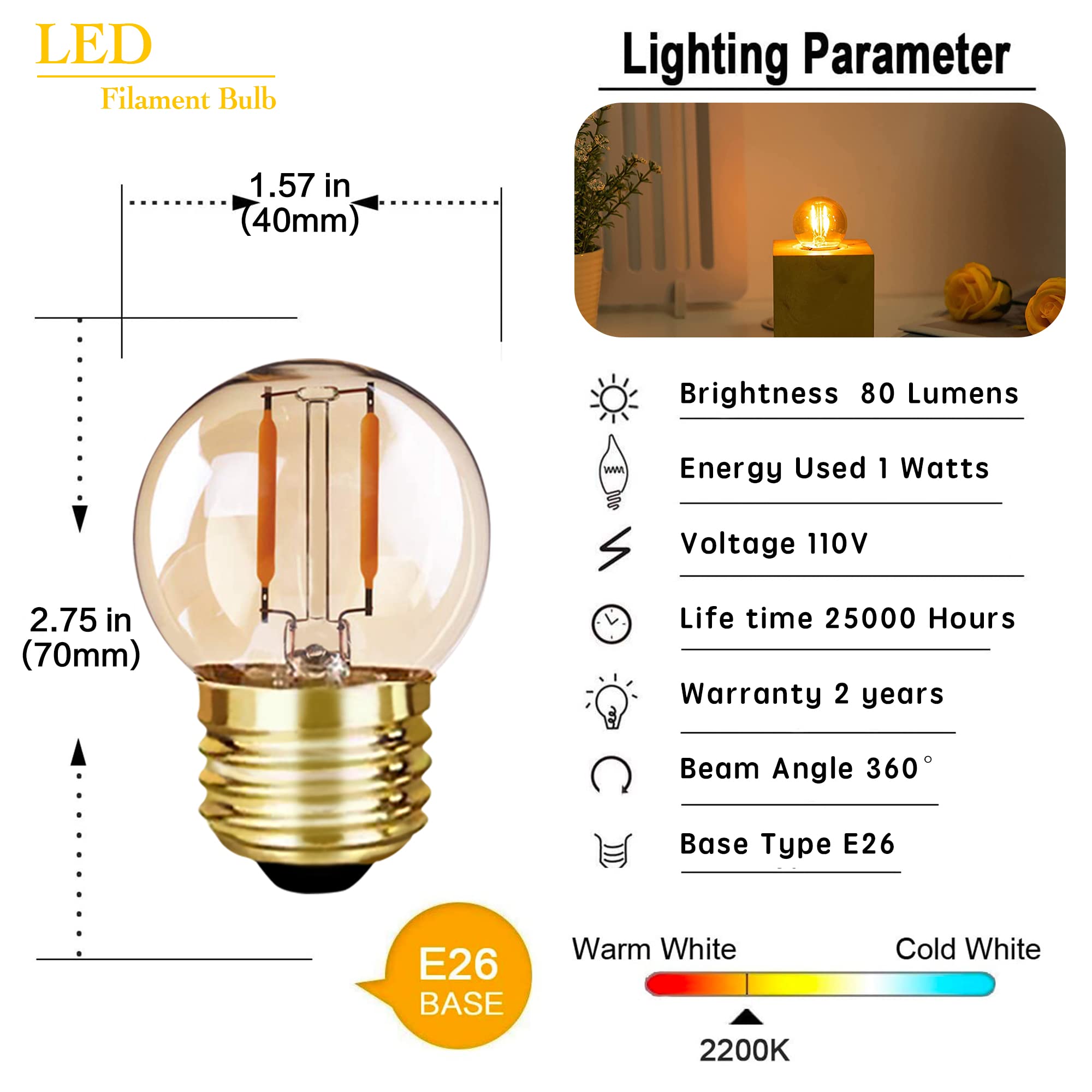 G40 Edison LED Filament Mini Globe Light Bulbs 1W Equivalent to 10Watt Incandescent - E26 Screw Base Led Bulbs Ultra Warm White 2200K Decorative Lighting Non Dimmable Amber Glass