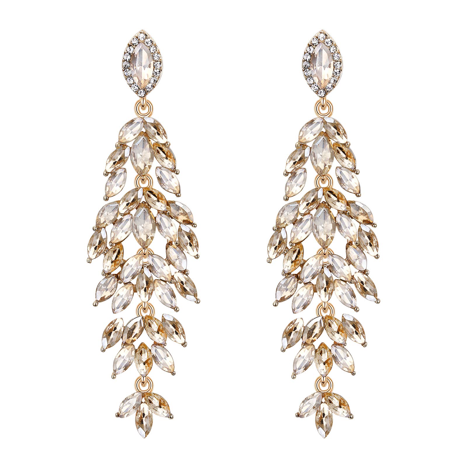 BriLove Women's Wedding Bridal Crystal Multi Marquise-Shape Leaf Cluster Chandelier Dangle Earrings Champagne Gold-Toned