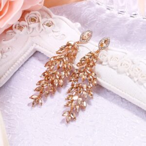 BriLove Women's Wedding Bridal Crystal Multi Marquise-Shape Leaf Cluster Chandelier Dangle Earrings Champagne Gold-Toned