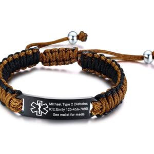 VNOX Customize Medical Alert 13MM Handmade Braided Rope Stainless Steel ID Paracord Adjustable Bracelet,Brown