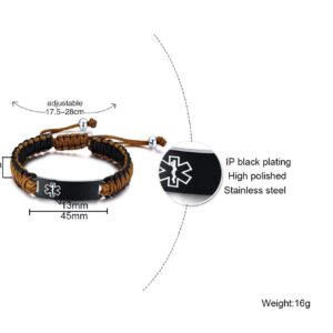 VNOX Customize Medical Alert 13MM Handmade Braided Rope Stainless Steel ID Paracord Adjustable Bracelet,Brown