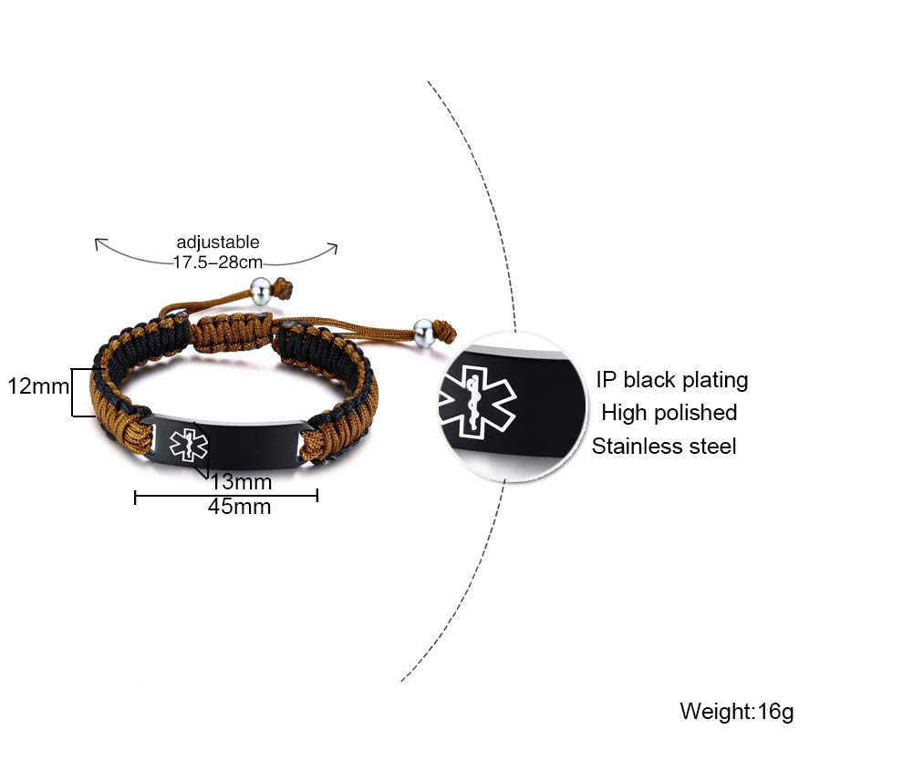 VNOX Customize Medical Alert 13MM Handmade Braided Rope Stainless Steel ID Paracord Adjustable Bracelet,Brown