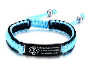 vnox customize medical alert 13mm handmade braided rope stainless steel id paracord adjustable bracelet,blue