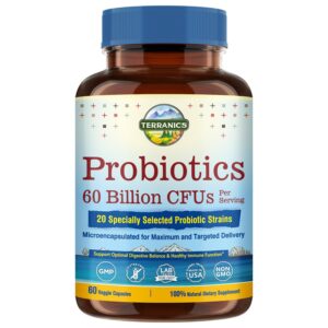 terranics probiotics 60 billion cfu, 20 strains, 60 veg capsules, prebiotics & probiotics, shelf stable probiotic supplement for men & women, digestive & immune health, non-gmo, no soy, dairy & gluten