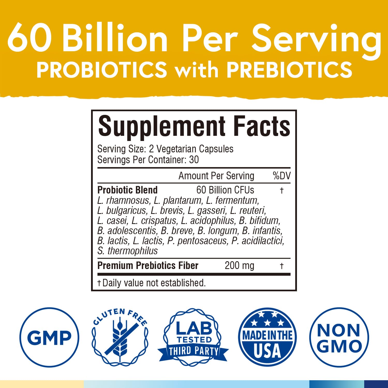 Terranics Probiotics 60 Billion CFU, 20 Strains, 60 Veg Capsules, Prebiotics & Probiotics, Shelf Stable Probiotic Supplement for Men & Women, Digestive & Immune Health, Non-GMO, NO Soy, Dairy & Gluten