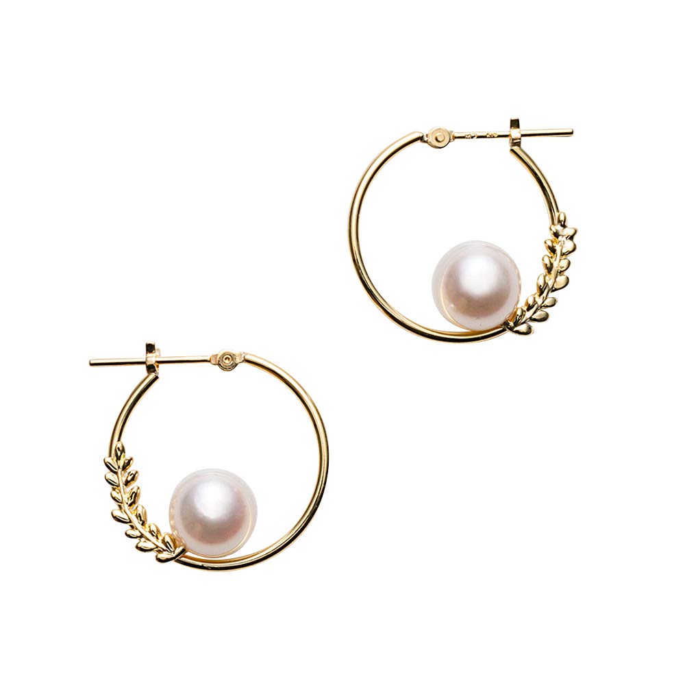 Japanese 7.0mm Akoya Cultured Pearl Hoop Earrings for Women with 18K Yellow Gold | Elegant Design Excellent Gift | Pearl Earrings hoops