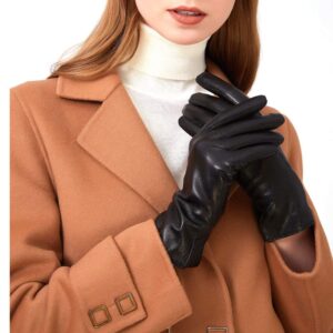 zluxurq luxury italian soft leather gloves for women in black - genuine sheepskin leather women’s cold weather gloves cashmere lined