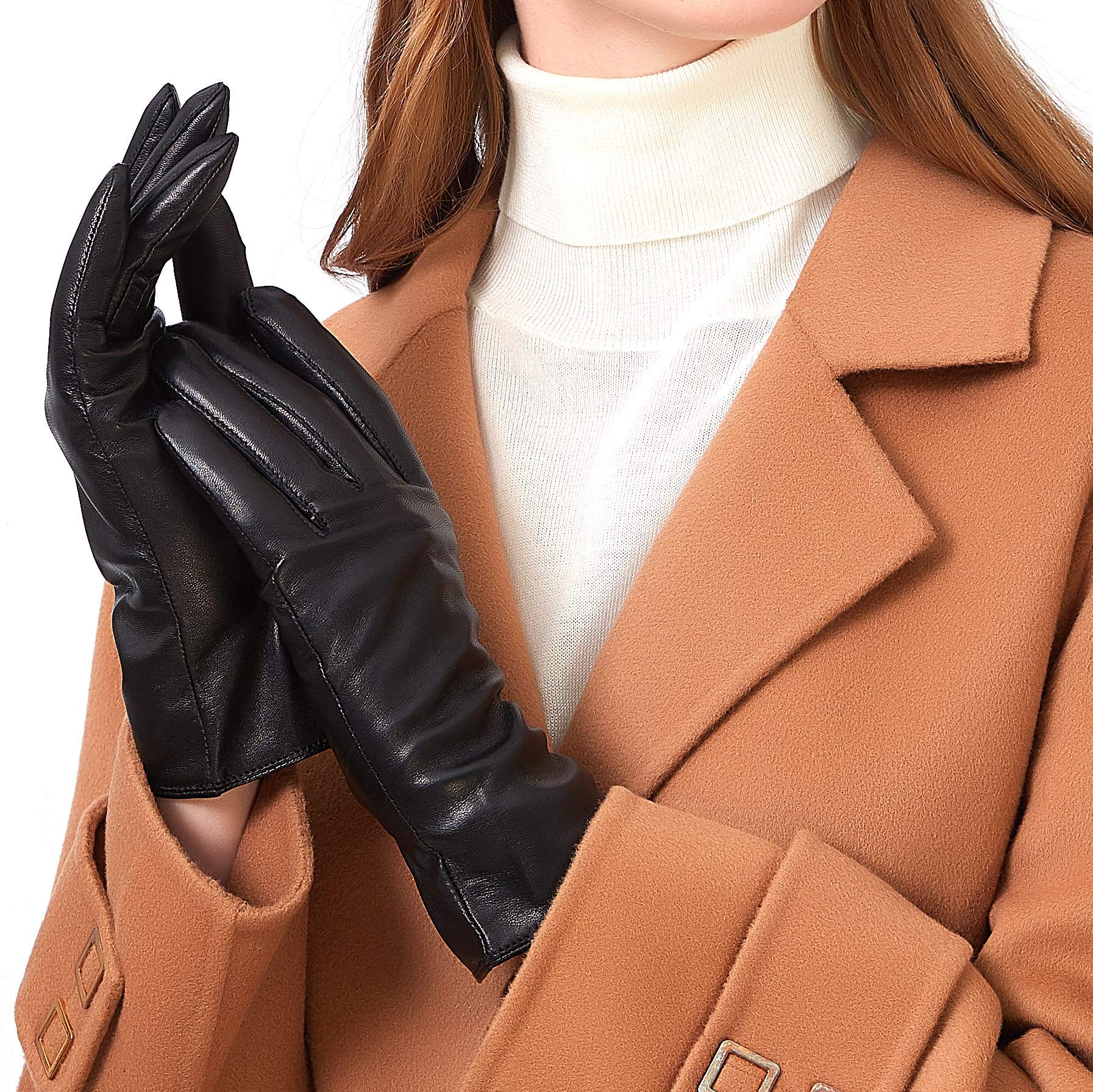 ZLUXURQ Luxury Italian Soft Leather Gloves for Women in Black - Genuine SheepSkin Leather Women’s Cold Weather Gloves Cashmere Lined