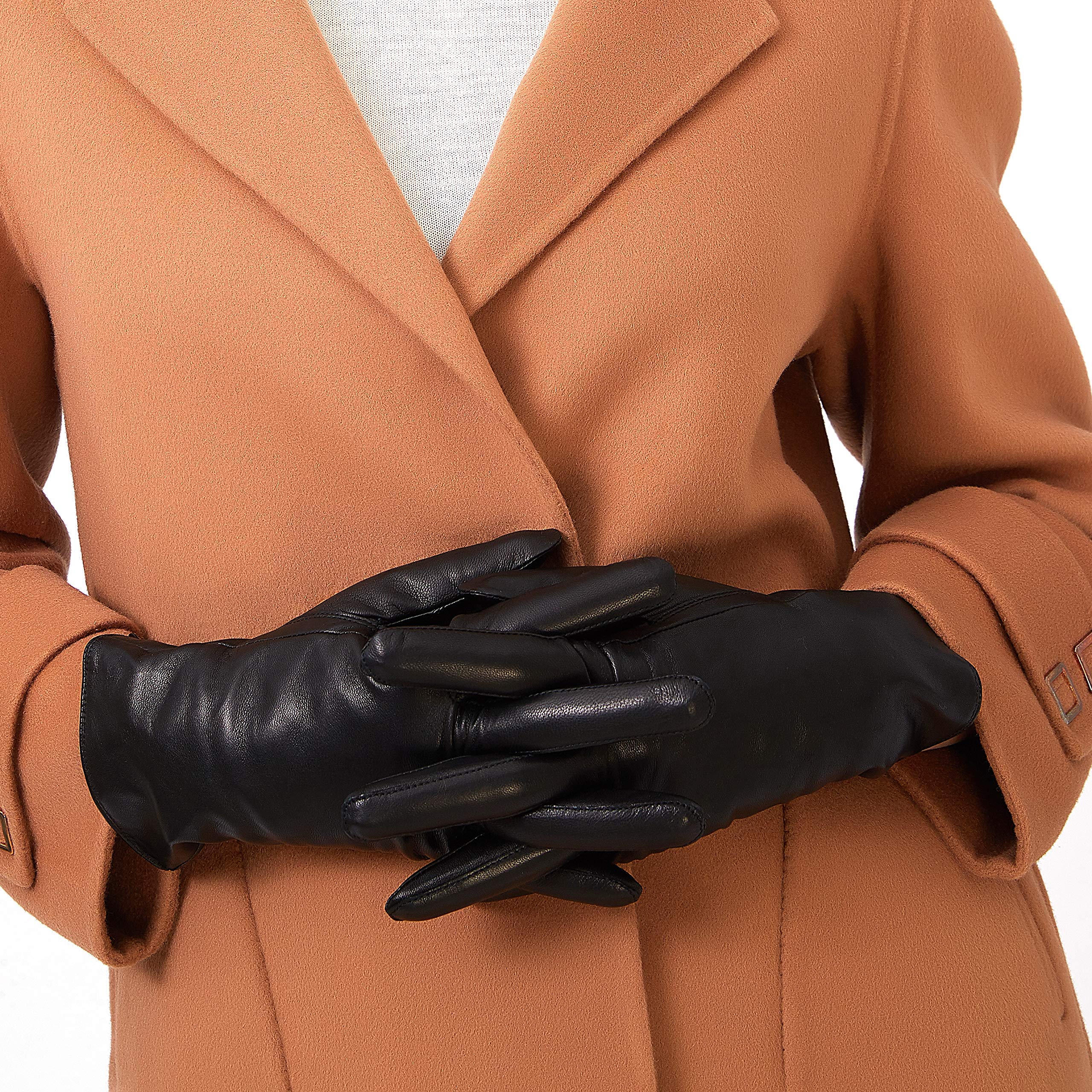 ZLUXURQ Luxury Italian Soft Leather Gloves for Women in Black - Genuine SheepSkin Leather Women’s Cold Weather Gloves Cashmere Lined