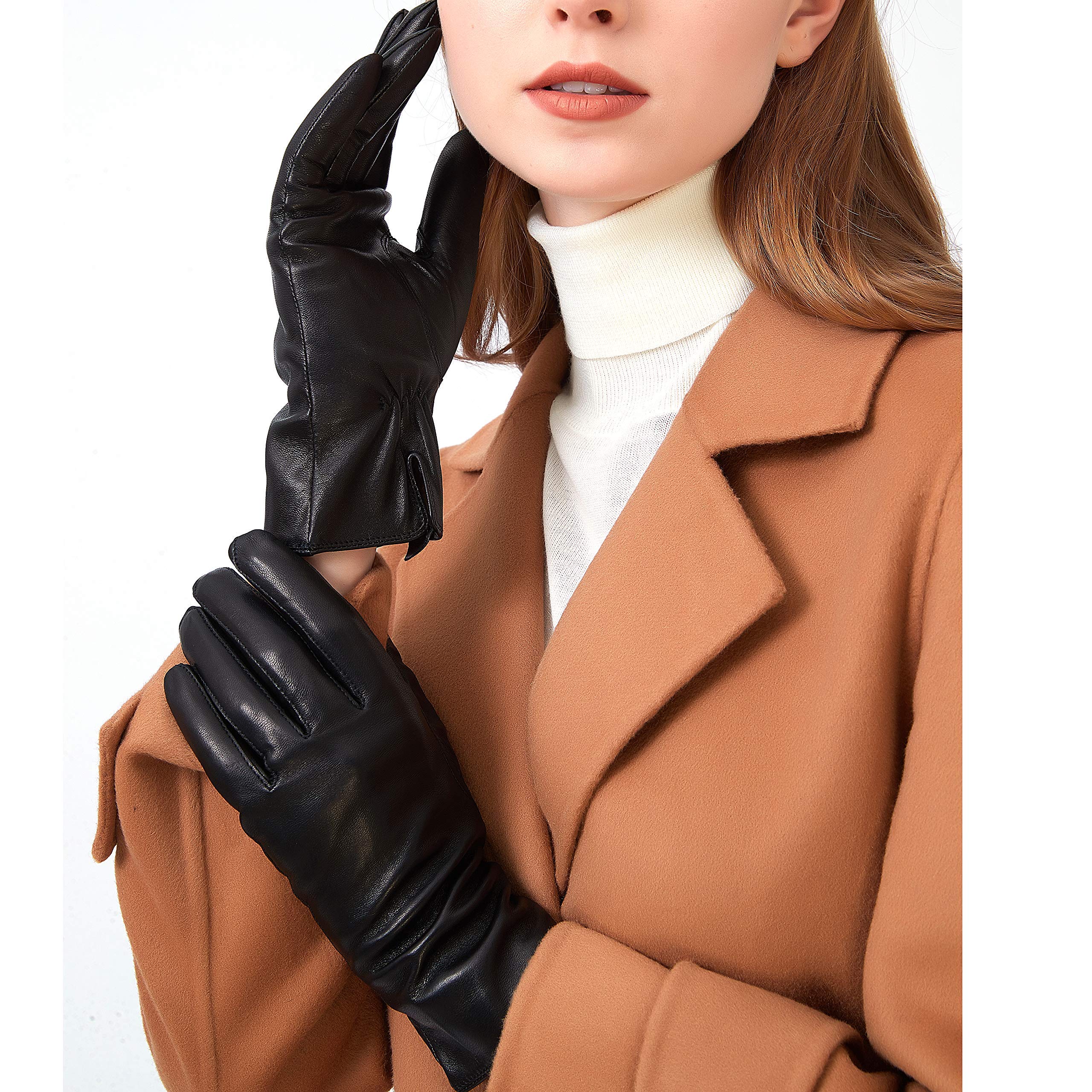 ZLUXURQ Luxury Italian Soft Leather Gloves for Women in Black - Genuine SheepSkin Leather Women’s Cold Weather Gloves Cashmere Lined