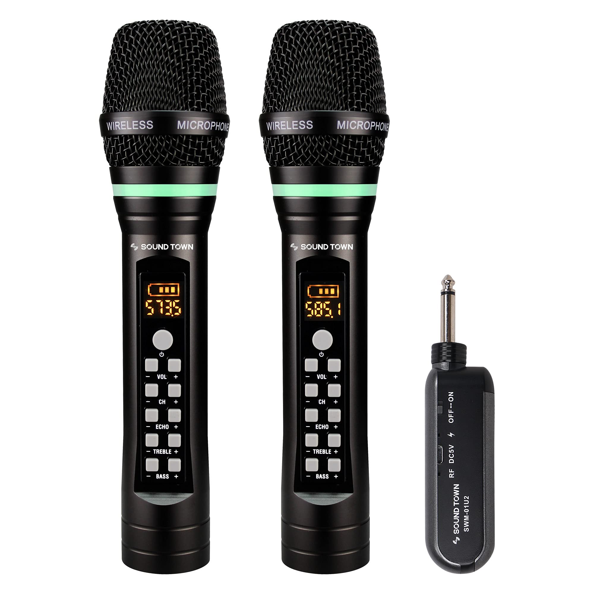 Sound Town 100-Channel UHF Rechargeable Wireless Handheld Microphone System with Built-in Effects, 1/4" Mini Portable Receiver for Karaoke, Events, Church, Meetings (SWM01-U2HH)