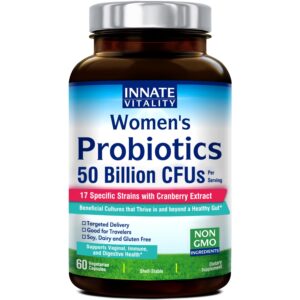 innate vitality probiotics for women, 50 billion cfus, 17 proven strains, 60 veggie caps, formulated with prebiotics and cranberry extract,non-gmo, supports vaginal, digestive and immune health