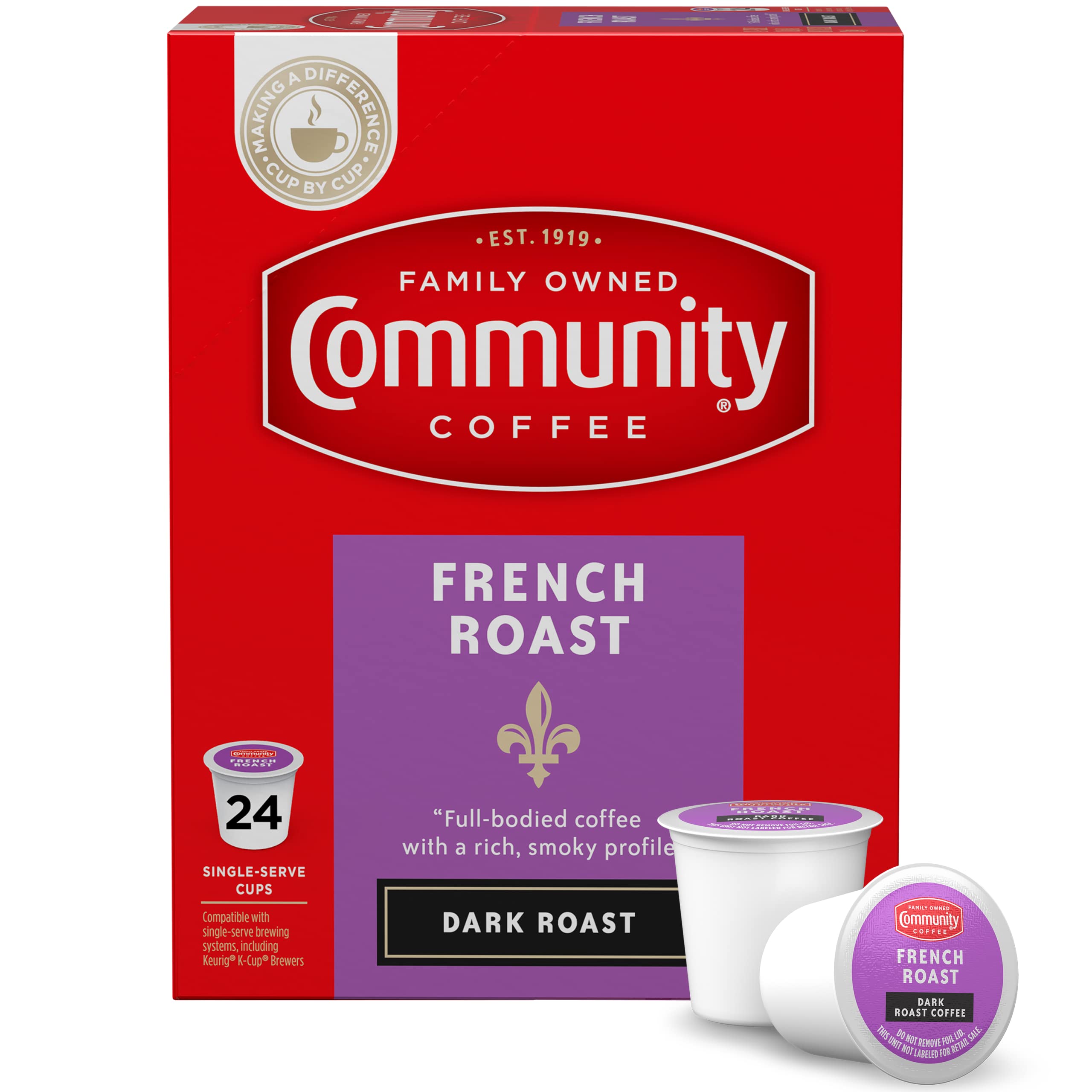 Community Coffee French Roast 24 Count Coffee Pods, Extra Dark Roast, Compatible with Keurig 2.0 K-cup Brewers, 24 Count (Pack of 1)