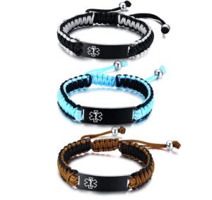 vnox 3 color/set-customize medical alert id bracelet braided brown rope paracord adjustable wristband