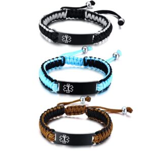 VNOX 3 Color/Set-Customize Medical Alert ID Bracelet Braided Brown Rope Paracord Adjustable Wristband