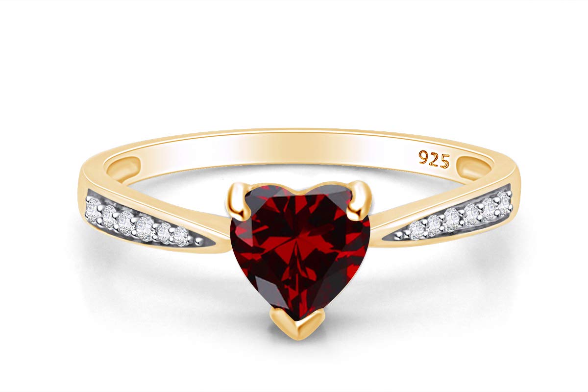 AFFY Simulated Garnet & Cubic Zirconia Solitaire Heart Promise Ring 14k Yellow Gold Over Sterling Silver Gift For Her Ring Size-6