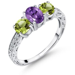 Gem Stone King 925 Sterling Silver Purple Amethyst and Green Peridot 3-Stone Engagement Ring For Women (2.01 Cttw, Oval Gemstone Birthstone, Available in size 5, 6, 7, 8, 9)