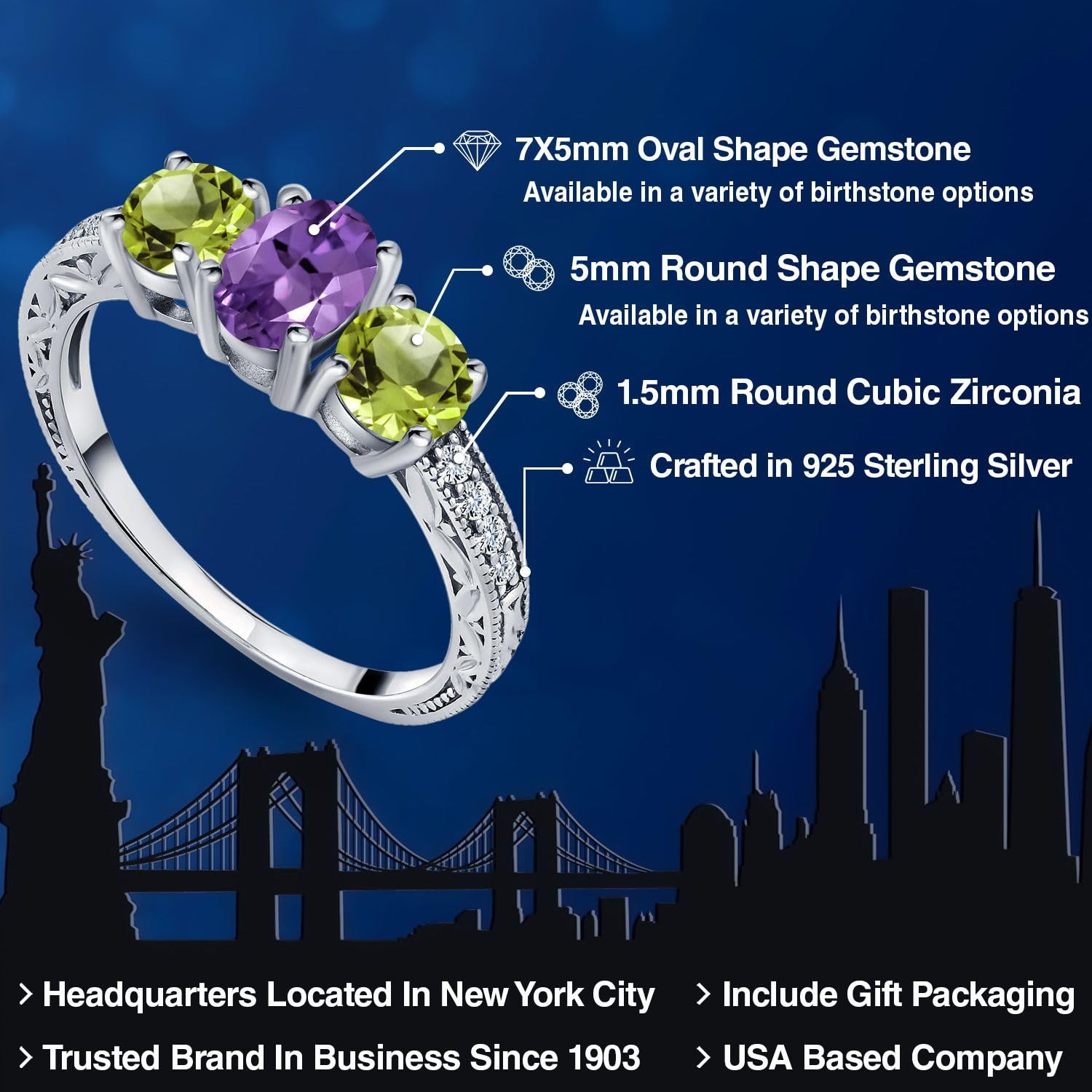 Gem Stone King 925 Sterling Silver Purple Amethyst and Green Peridot 3-Stone Engagement Ring For Women (2.01 Cttw, Oval Gemstone Birthstone, Available in size 5, 6, 7, 8, 9)