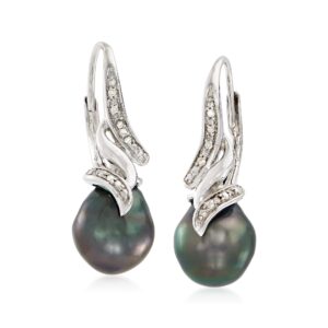 Ross-Simons 9-9.5mm Black Cultured Tahitian Pearl Drop Earrings With Diamond Accents in Sterling Silver