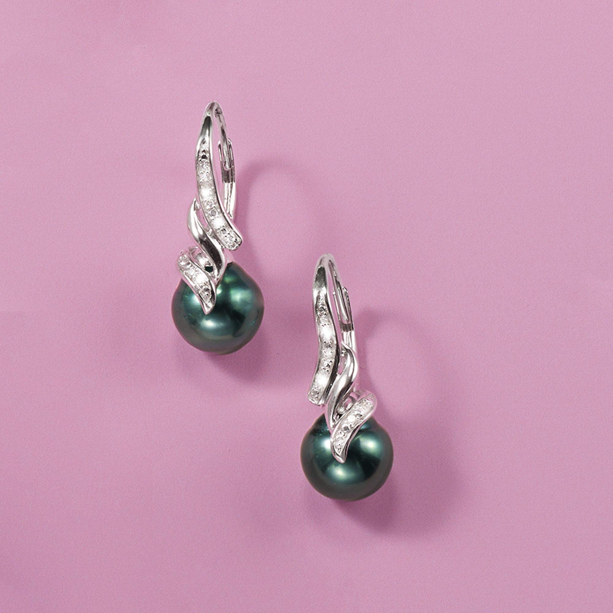 Ross-Simons 9-9.5mm Black Cultured Tahitian Pearl Drop Earrings With Diamond Accents in Sterling Silver