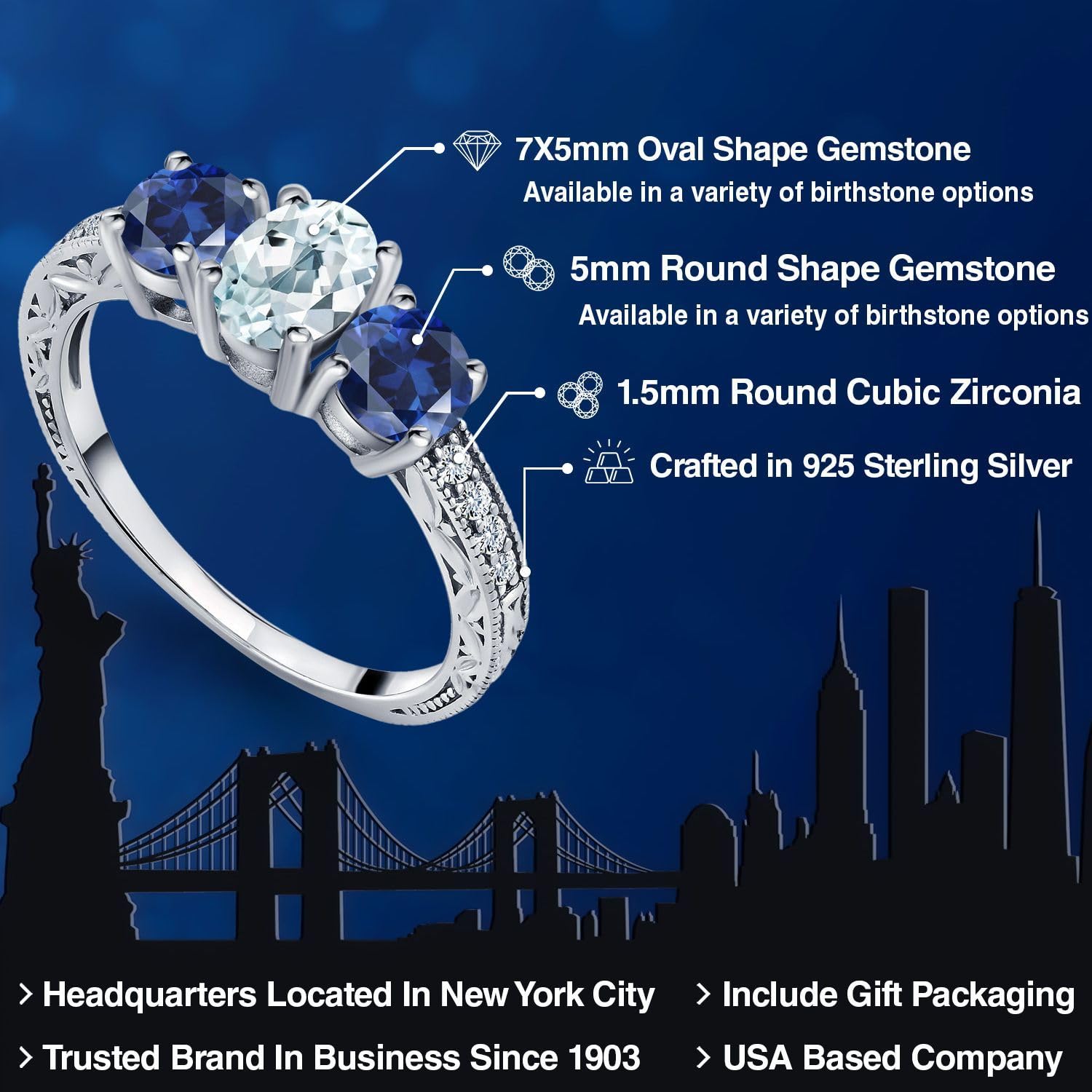 Gem Stone King 925 Sterling Silver Sky Blue Aquamarine and Blue Created Sapphire Women Ring (2.07 Cttw, Gemstone Birthstone, Available In Size 5, 6, 7, 8, 9)