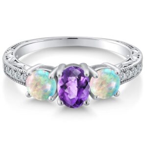 Gem Stone King 925 Sterling Silver Purple Amethyst and White Simulated Opal Engagement Ring For Women (1.87 Cttw, Oval Checkerboard Gemstone Birthstone, Available in size 5, 6, 7, 8, 9)