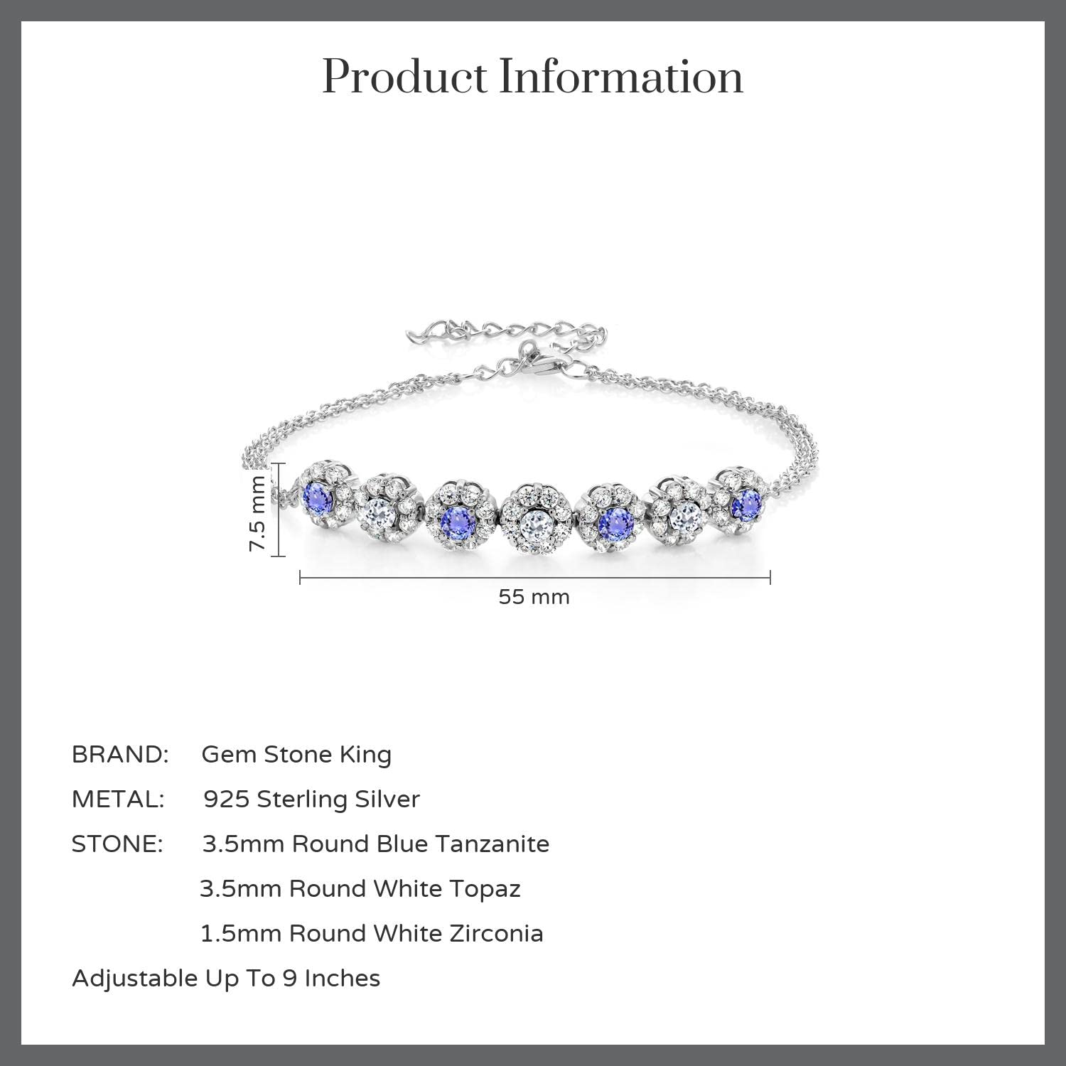 Gem Stone King 925 Sterling Silver Blue Tanzanite and White Topaz Tennis Bracelet For Women (2.21 Cttw, Gemstone December Birthstone, 7 Inch with 2 Inch Extender)