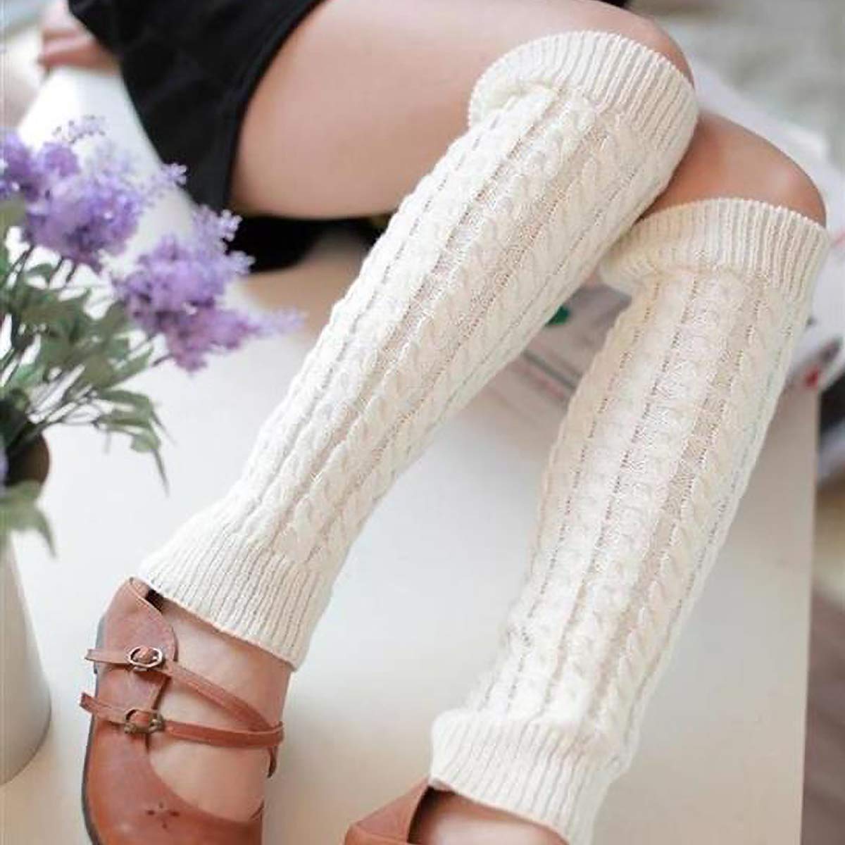 peony man Leg Warmers Women's Fashion Knitted Crochet Long Boot Socks, 4 Pairs Knee High Cable Knit Thermal Winter Sleeve for Lady (Black, White, Brown, Gray)