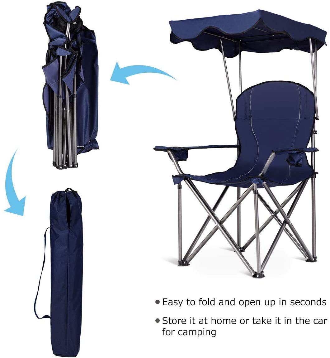 GYMAX Canopy Camping Chair, Folding Sport Chair with Sunshade & Carrying Bag, Portable Heavy Duty Chair for Beach, Poolside, Travel Picnic (Blue)