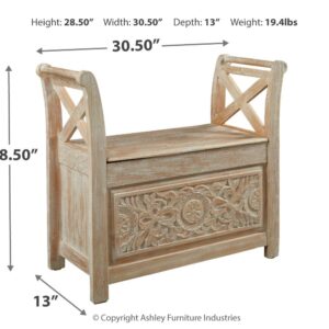 Signature Design by Ashley Fossil Ridge Boho Storage Accent Bench, Vintage White