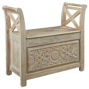 signature design by ashley fossil ridge boho storage accent bench, vintage white