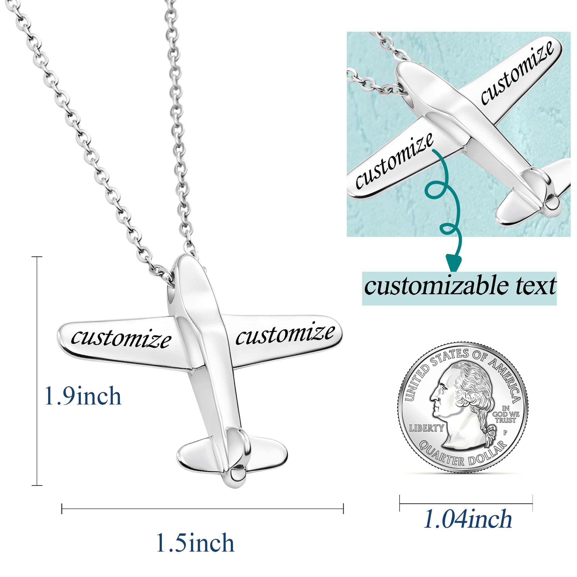 Fanery Sue Stereoscopic Aircraft Model Personalized Necklace Custom Engraved Name Pendant Necklace Pilot Gift(Engraving)