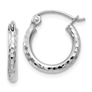 FB Jewels Solid 14K White Gold Diamond-cut 2mm Round Tube Hoop Earrings