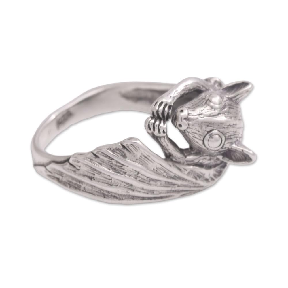 NOVICA Artisan Handcrafted Sterling Silver Cocktail Ring Bat from Bali No Stone Indonesia Animal Themed Halloween [ring Front 0.5 in L x 0.8 in W x 0.4 in H Band Width 2 mm W] ' Beautiful Bat'